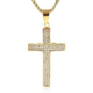 Gold Iced Out Cross Cz Inlay Pendant 18k Gold Plated Steel Hip-Hop Necklace 24"